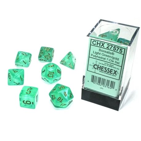 CHX27575 Borealis Light Green/gold Glows in the Dark Polyhedral 7 Die Set